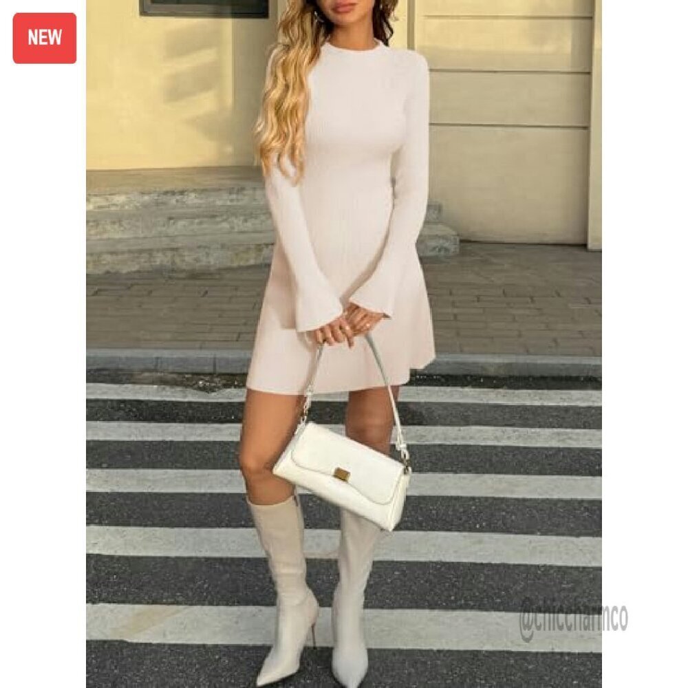Ribbed Knit Mock Neck Sweater Dress A-Line Mini Bodycon Long Sleeve - Picture 5 of 8